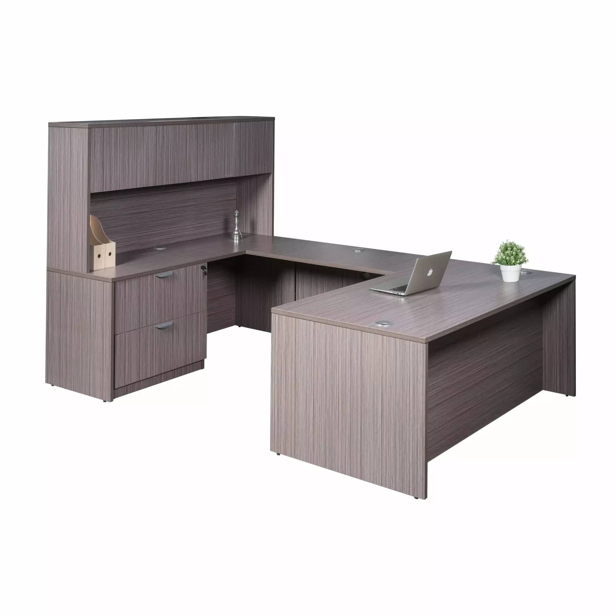 Boss Office Products 66 Inch Executive U-Shape Desk 2 Drawer Lateral File and 4 Door Hutch Driftwood