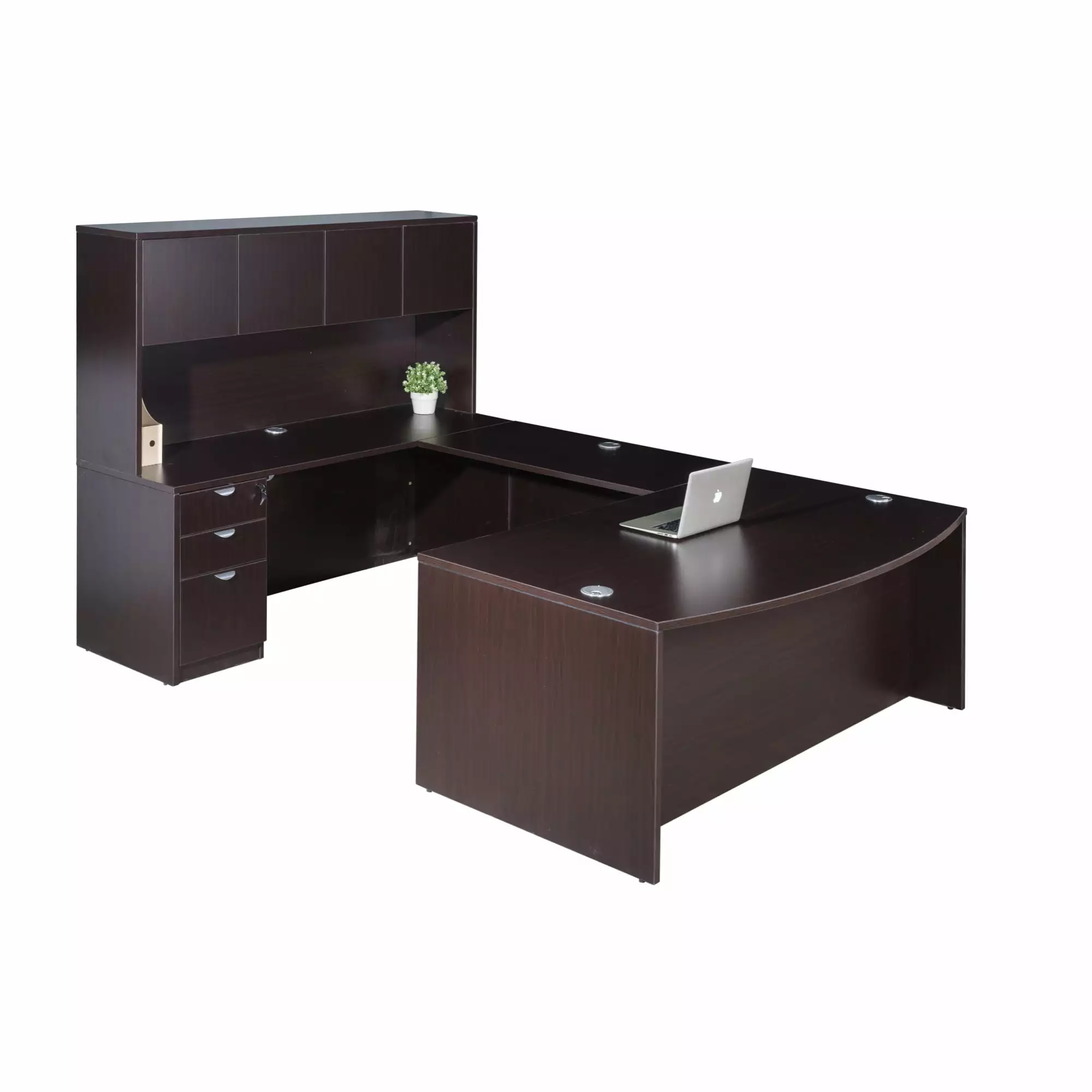 Boss Office Products 71 Inch Executive U-Shaped Curved Bow Desk Box Storage Pedestal and 4 Door Hutch Mocha