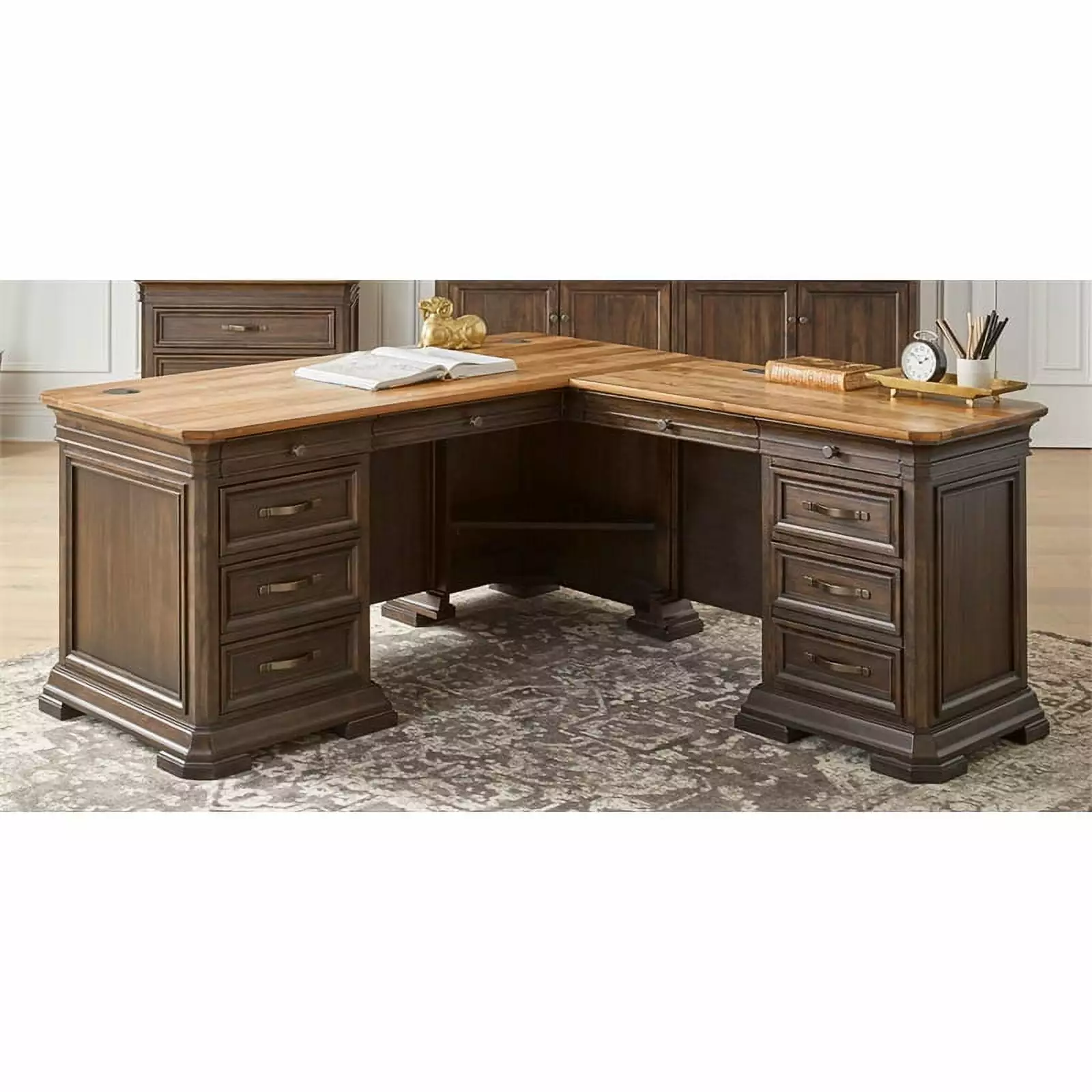 Bowery Hill Executive L-Desk Solid Wood Plank Top Brown Finish