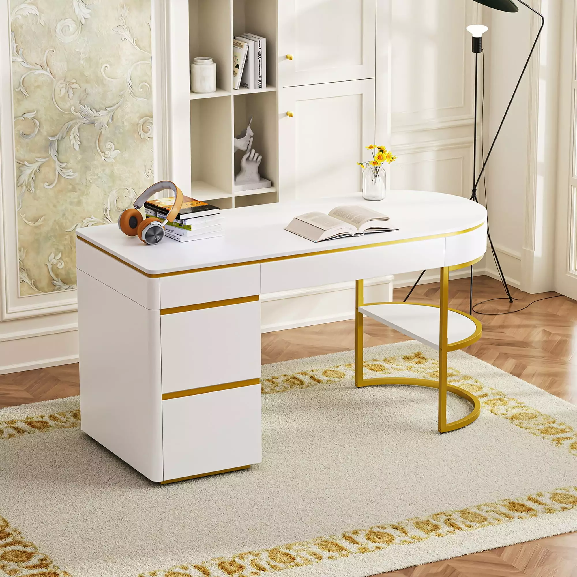 Churanty Modern Executive Desk - Curved Computer Desk Gold Metal Legs and Storage