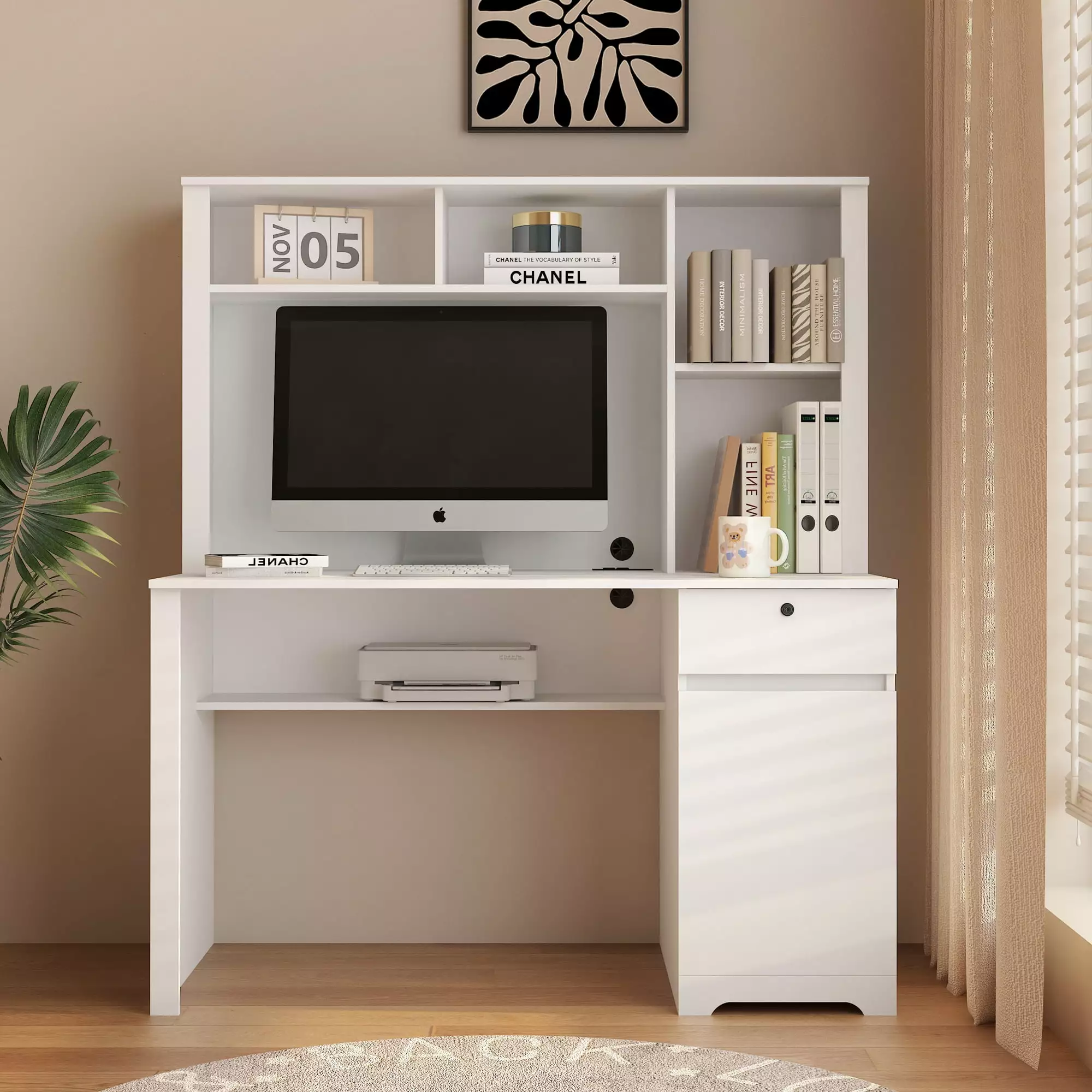 White Wood Executive Computer Desk Hutch and USB Charging Ports DeeHome