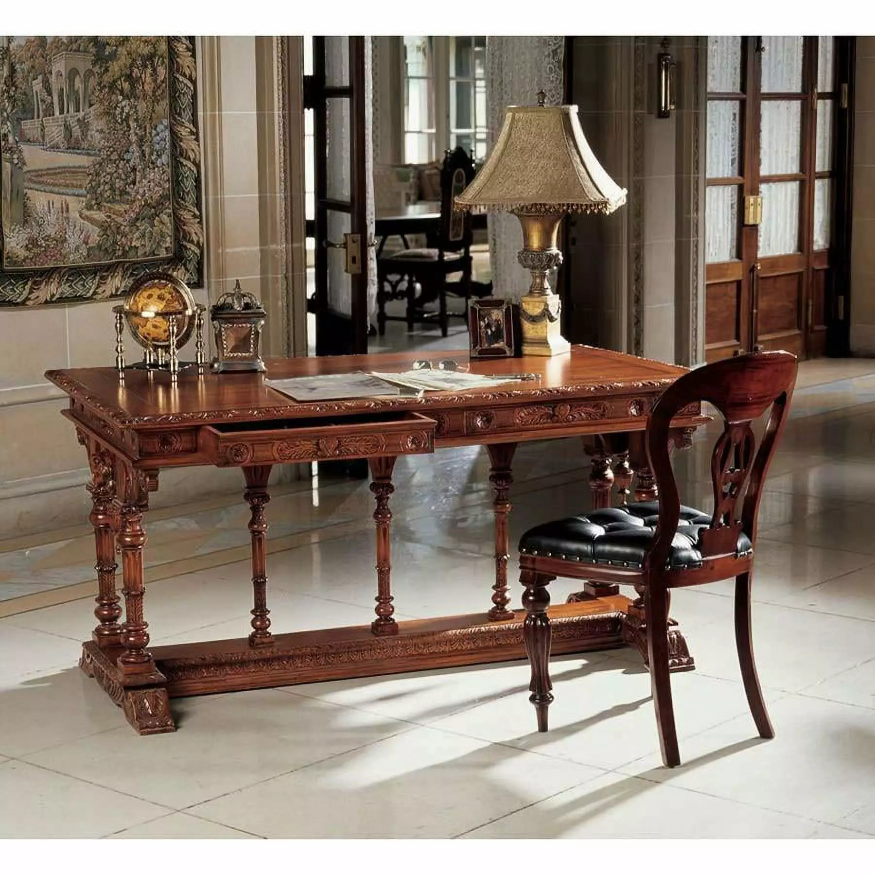 French Hand Carved Solid Mahogany Antique Replica Chateau Executive Desk Table - Elegant Office Furniture Design Toscano