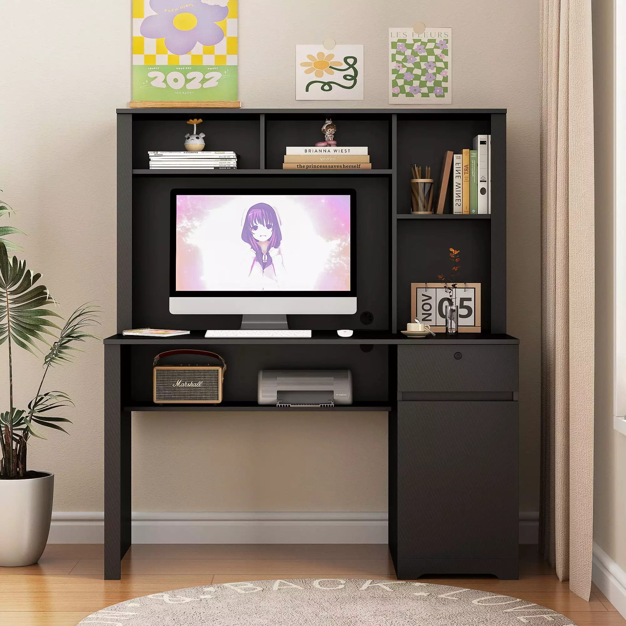 Computer Desk Hutch and Bookshelf Wood Executive Desk USB Charging Ports Black DLPIN