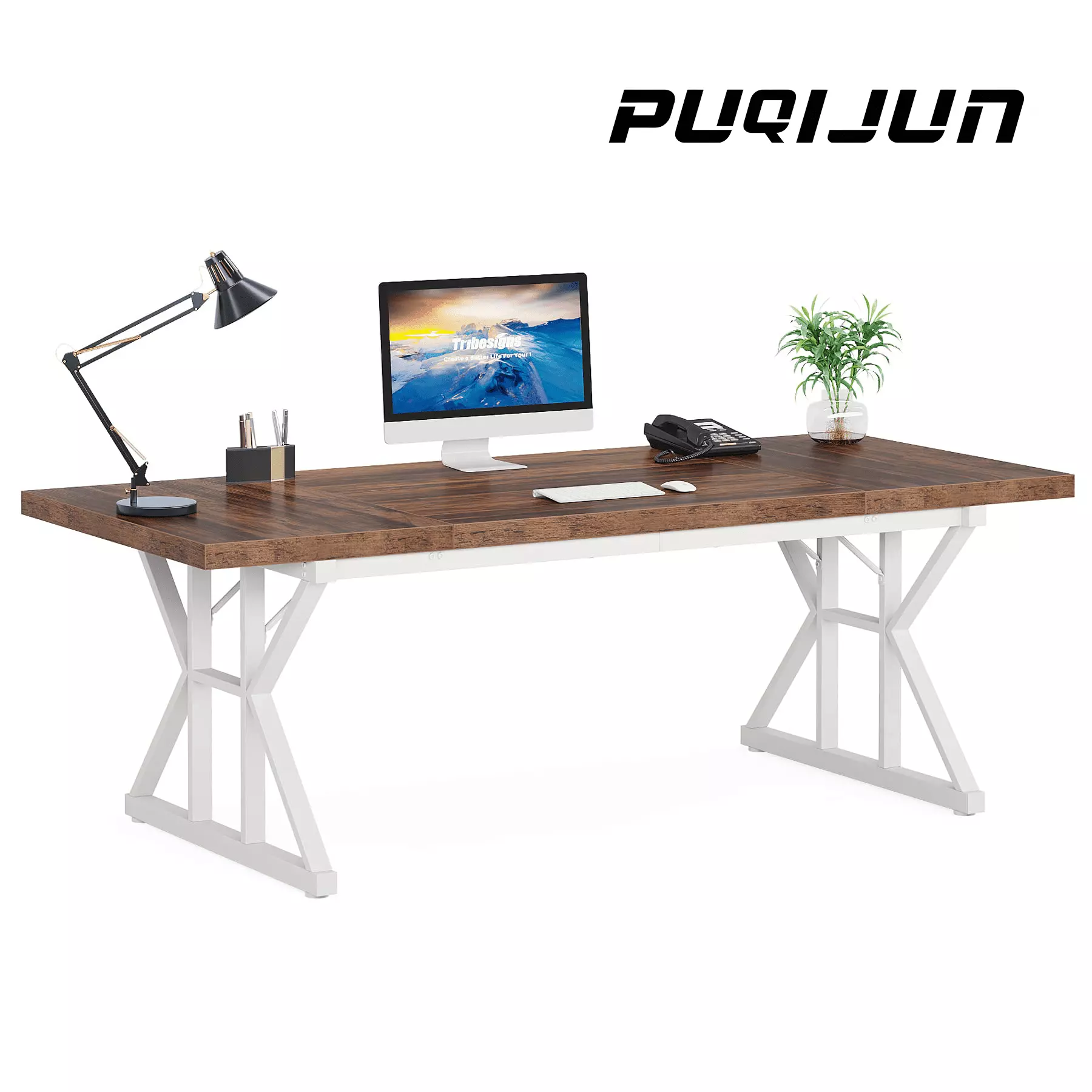 70.8 Inch Executive Desk Large Computer Office Desk Workstation Brown White FHWMLCX