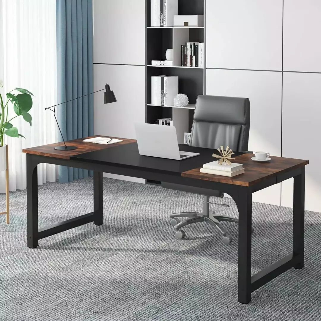 63-inch Modern Simple Executive Desk Thickened Frame Business Office Desk Brown or Black FHWMLMY