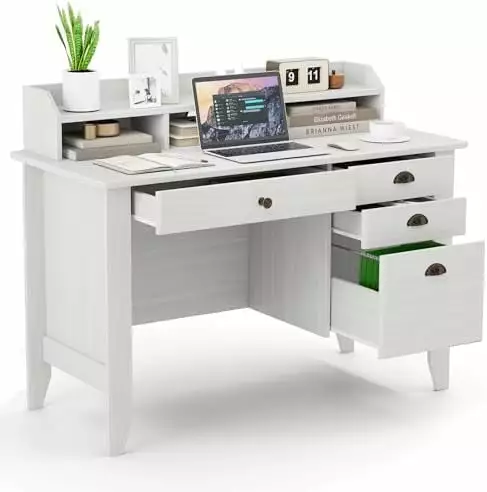 48 Computer Desk 4 Storage Drawers and Hutch Wood Executive Table FJU