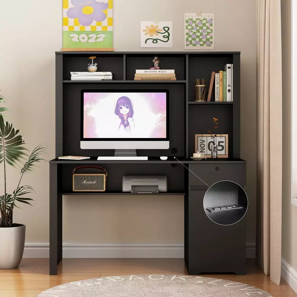 Gzxs Black Wood Executive Computer Desk Hutch and USB Ports