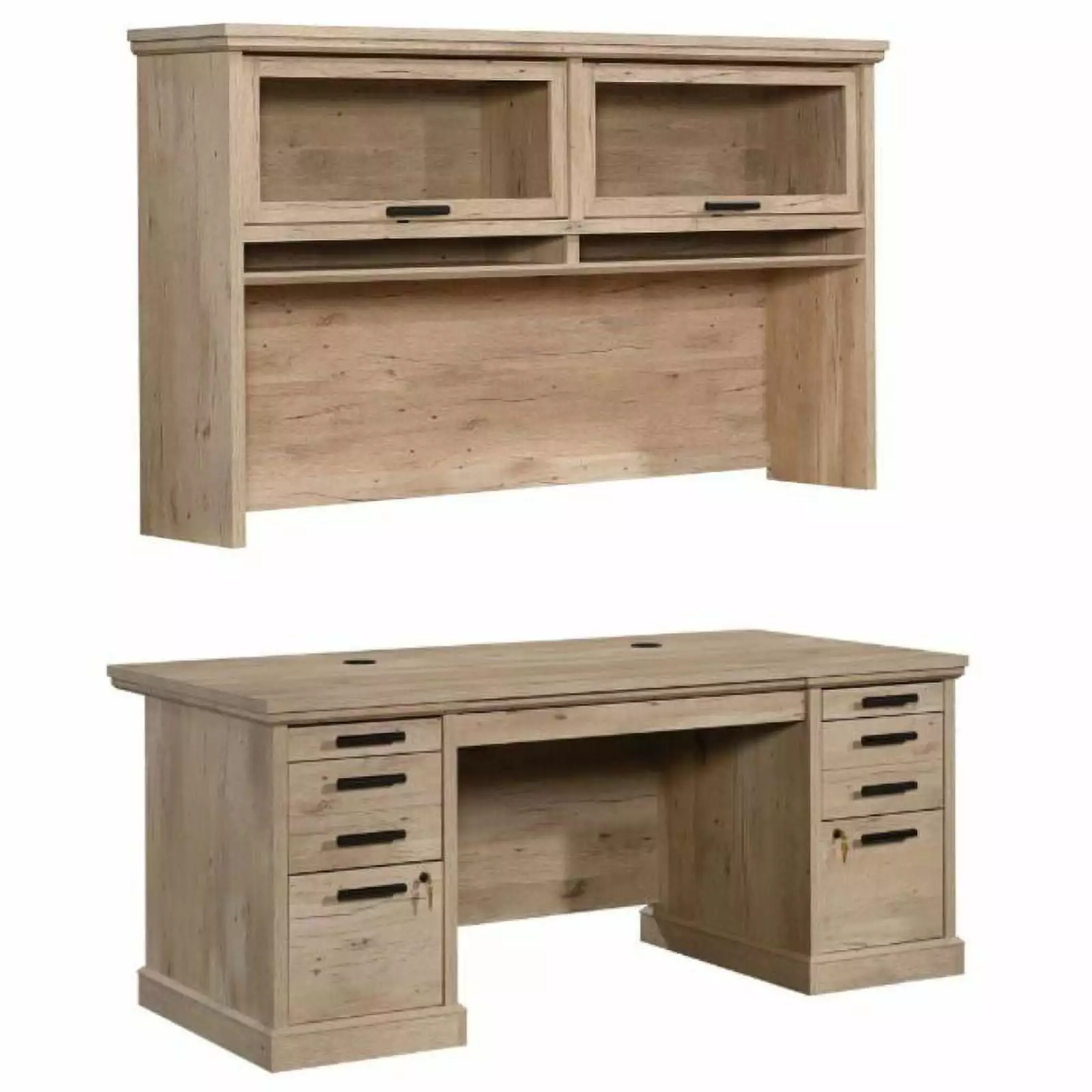 Home Square 2-Piece Set Wood and Glass Hutch and Executive Desk Prime Oak