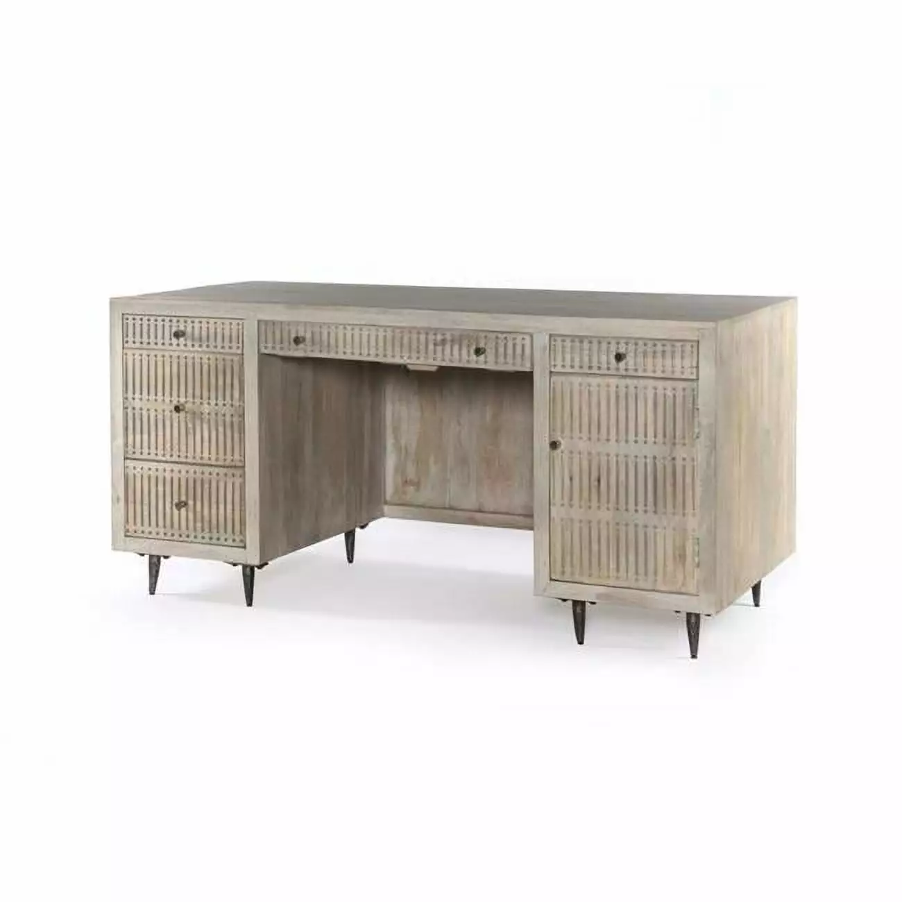 HomeRoots 64 Inch Ivory and Silver Mango Wood Executive Desk 5 Drawers
