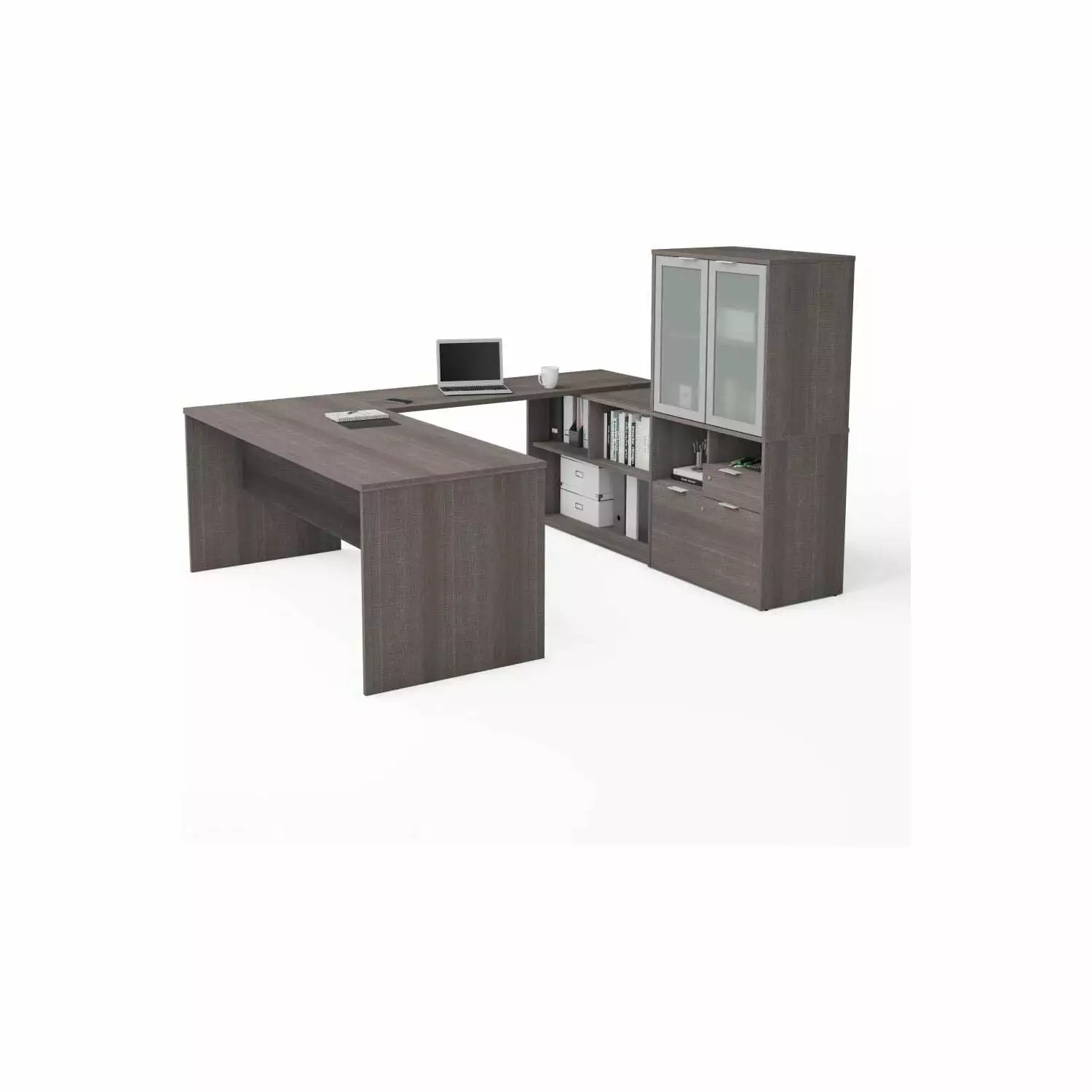 HomeStock Antique 72W U-Shaped Executive Desk Frosted Glass Hutch Bark Grey