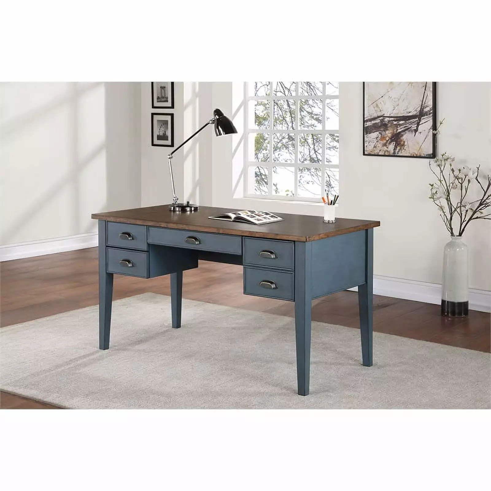 Farmhouse Blue Wood Half Pedestal Executive Desk Writing Table Office Desk Martin Furniture