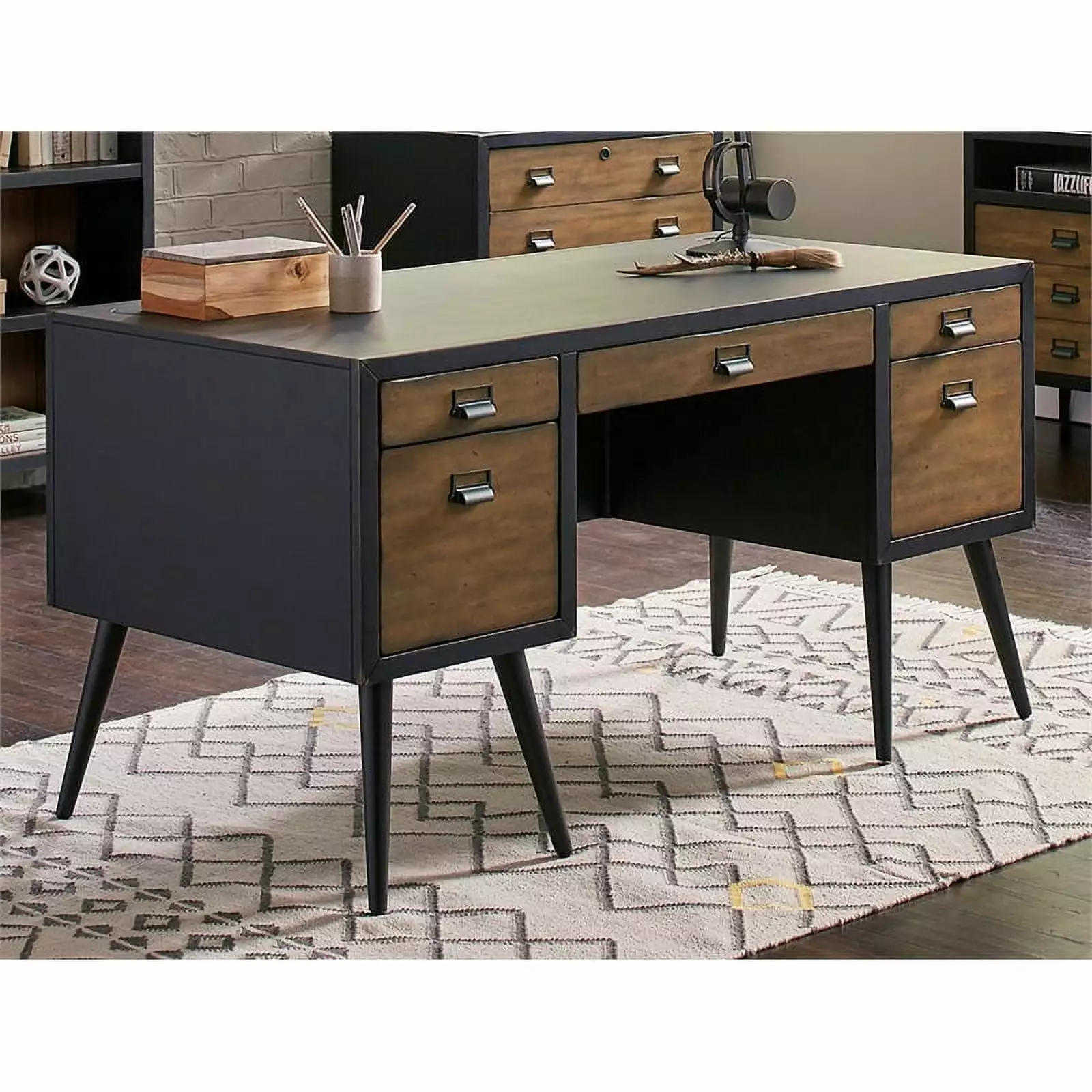Mid-Century Half Pedestal Executive Desk Black Wood Fully Assembled Martin Furniture