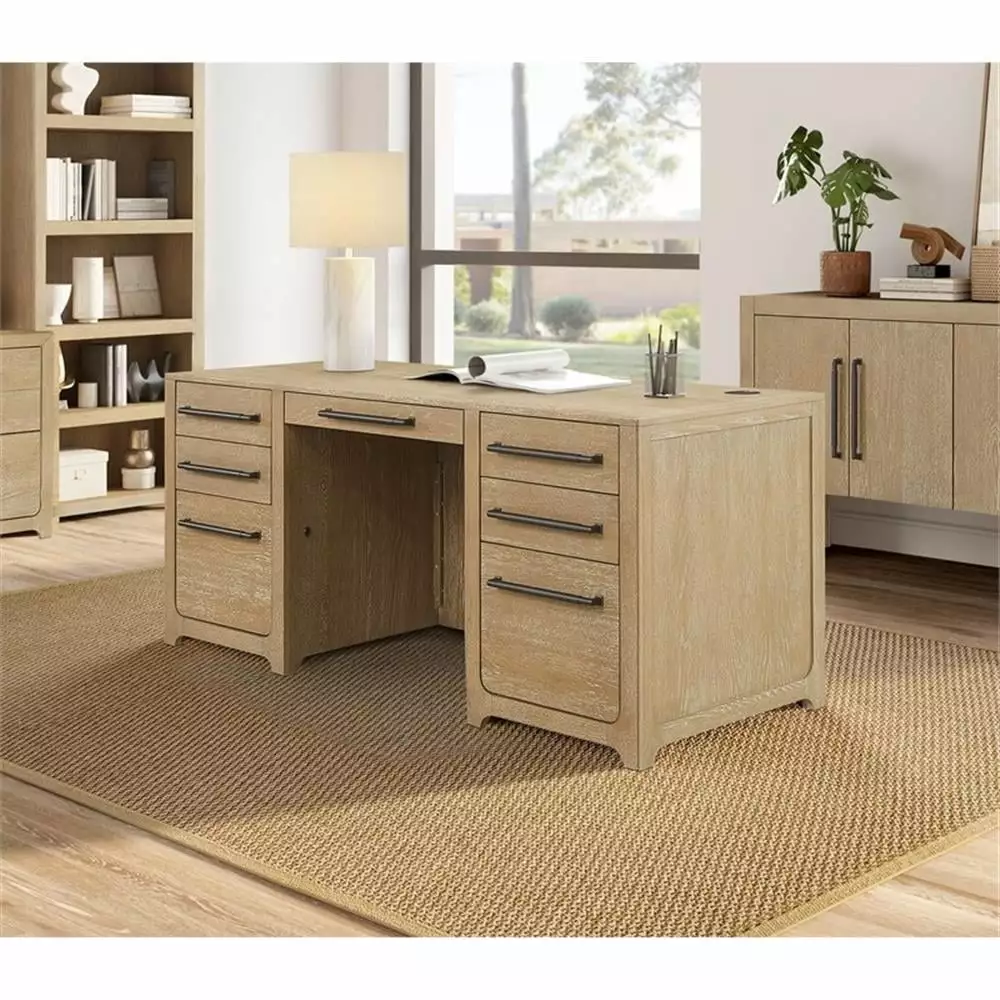 Modern Wood Double Pedestal Executive Office Desk Fully Assembled Light Brown Martin Furniture