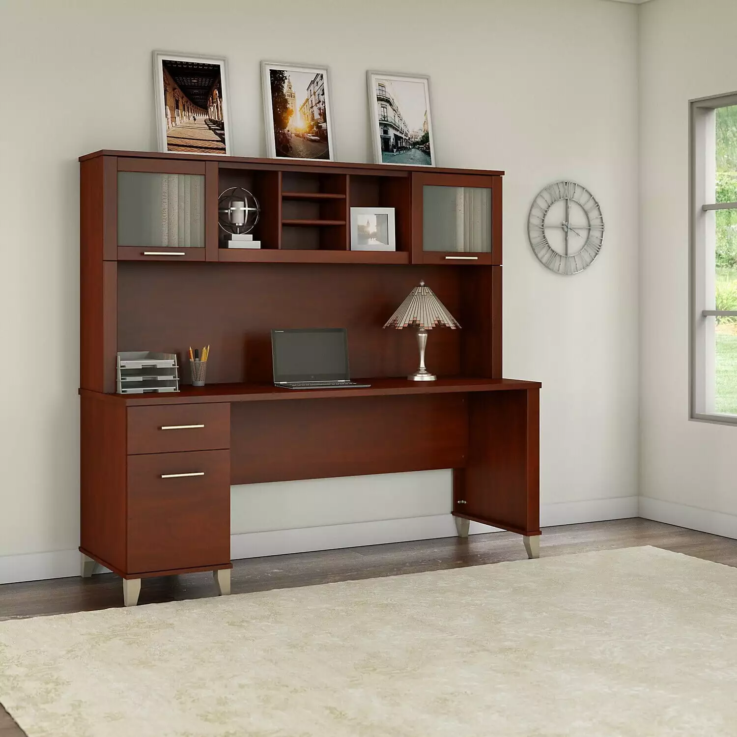 Maykoosh Southwestern Style 72W Office Desk Drawers and Hutch Storm Gray