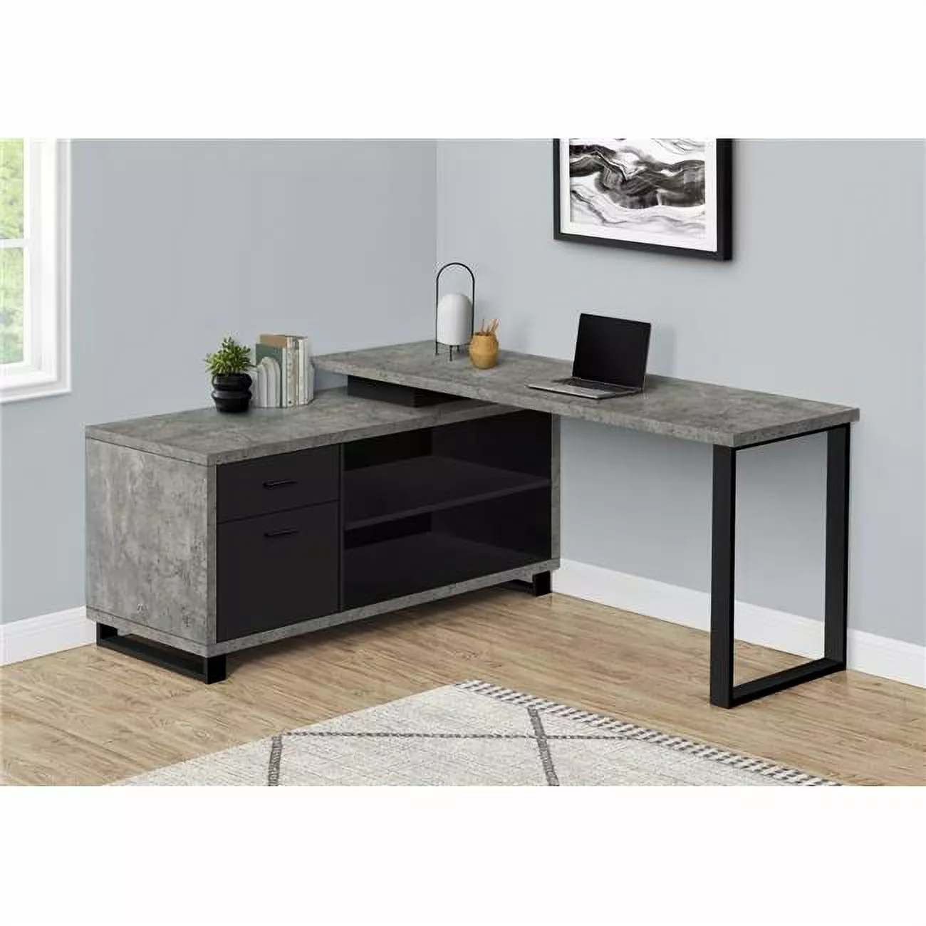 Monarch Specialties 72 Inch Executive Corner Computer Desk Grey Concrete Black