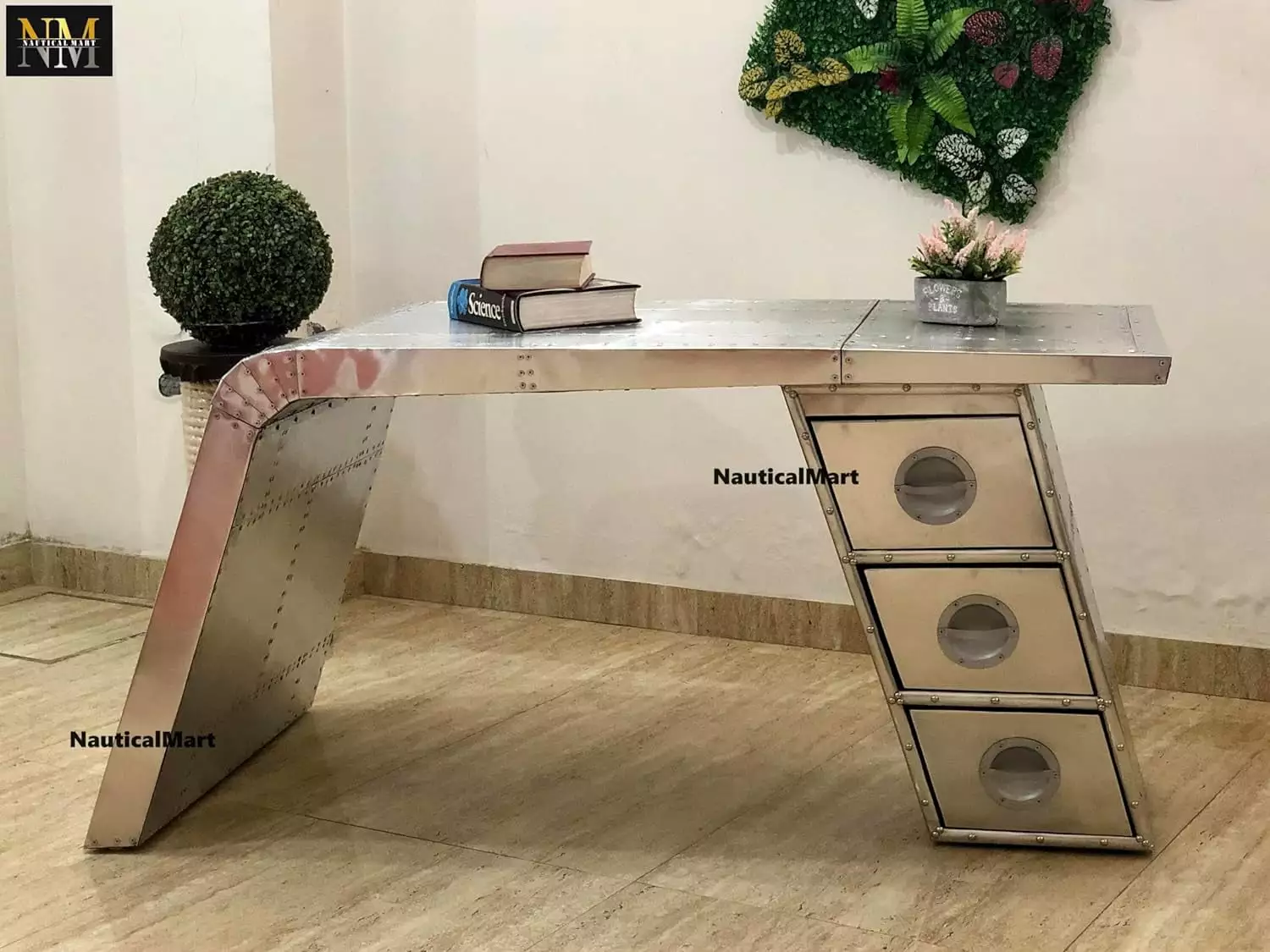 NauticalMart Aviator Wing Desk Aluminium Table Home Office Aviator Furniture Decor Three Drawer 70 Inches