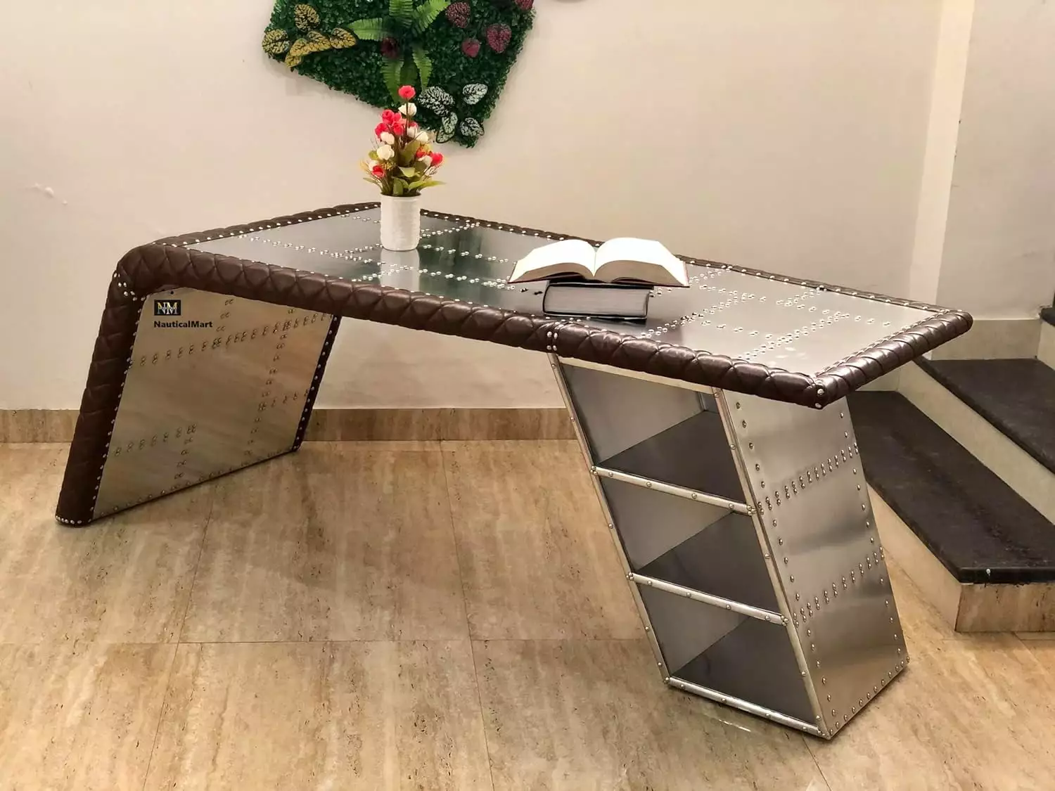 NauticalMart Aviator Wing Desk Storage Aluminum and Leather Office Desk 72 Inches
