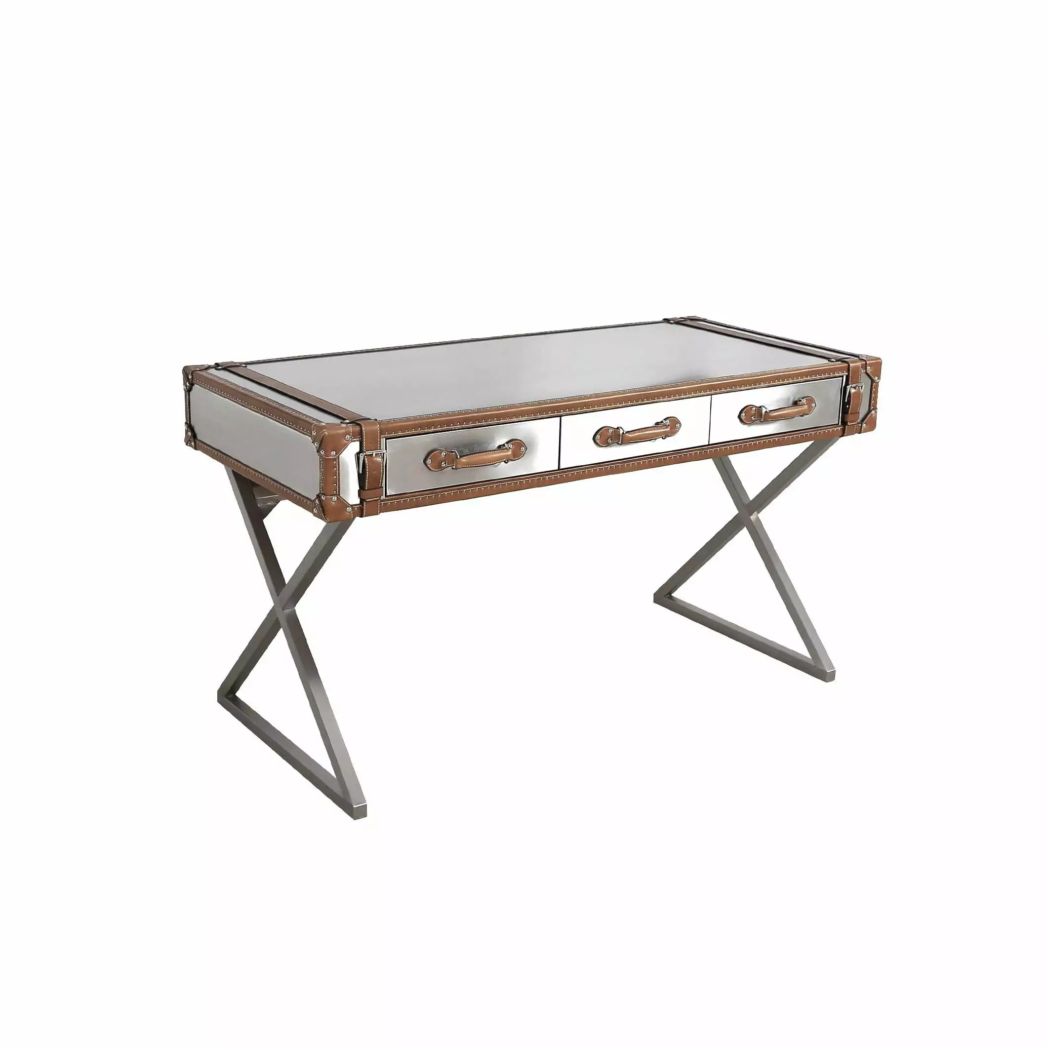 Pasargad Home Brookline Stainless Steel Genuine Leather Desk Brown