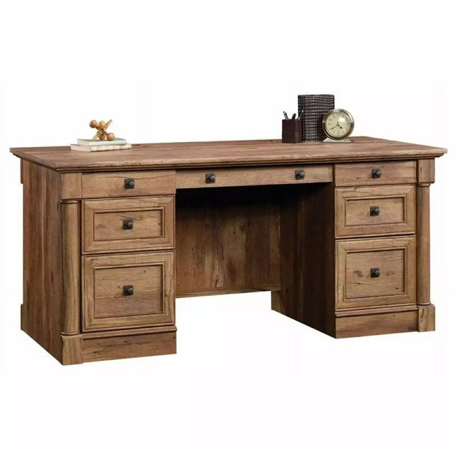 Pemberly Row Vintage Home Office Executive Desk Large Drawers and Keyboard Panel Vintage Oak - Classic Office Desk