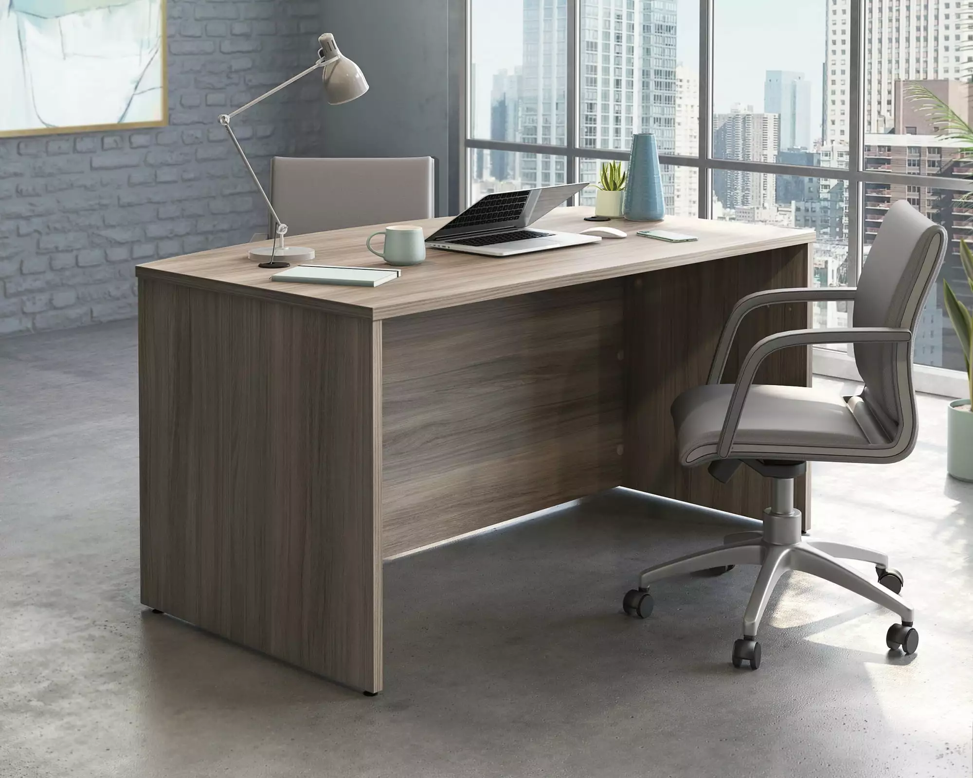 Sauder Affirm Engineered Wood Bowfront Executive Desk Hudson Elm and Brown