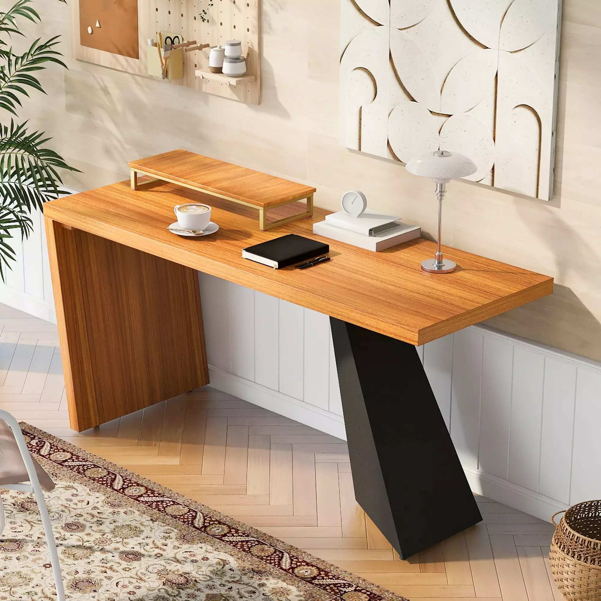 63 Inch Modern Executive Desk Wooden Computer Desk Monitor Stand Rectangular Desk Home Office Teak SEALODY