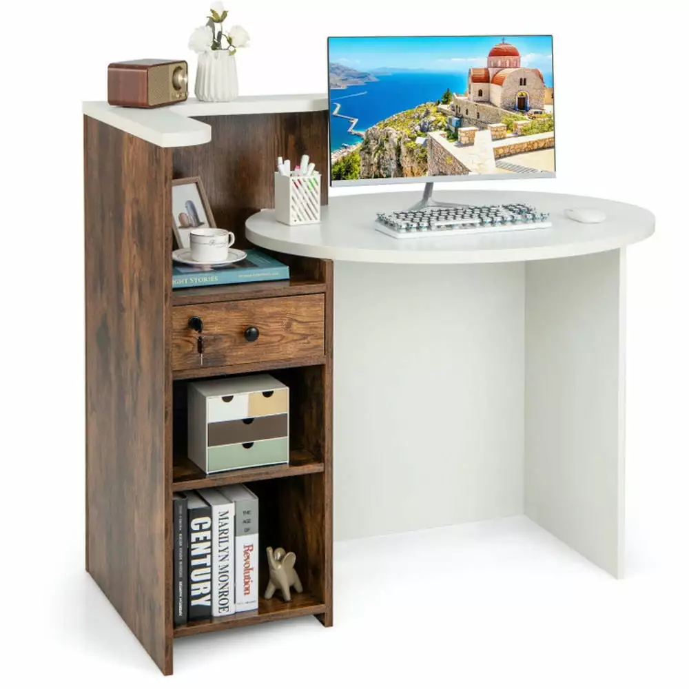 Spaco Rustic Brown Reception Office Desk Lockable Drawer and Open Shelf