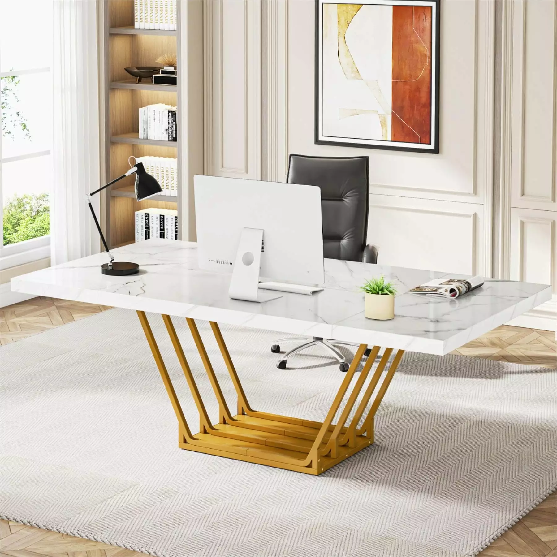 Tribesigns 63-Inch Modern Computer Desk White Executive Desk Gold Metal Frame Large Office Desk