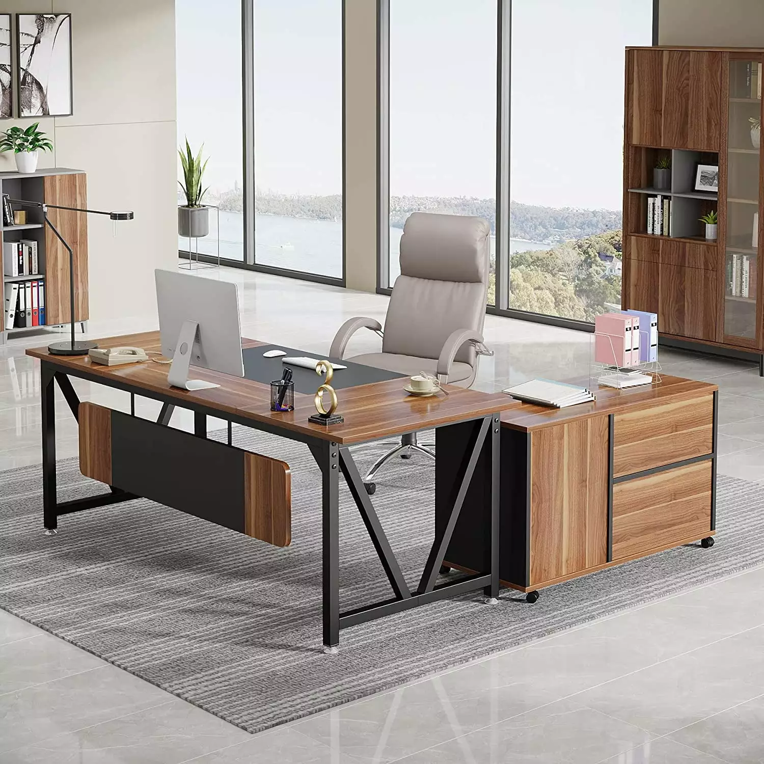 Tribesigns 70.8 Executive Desk File Cabinet Combo Industrial L-Shaped Computer Desk Home Office