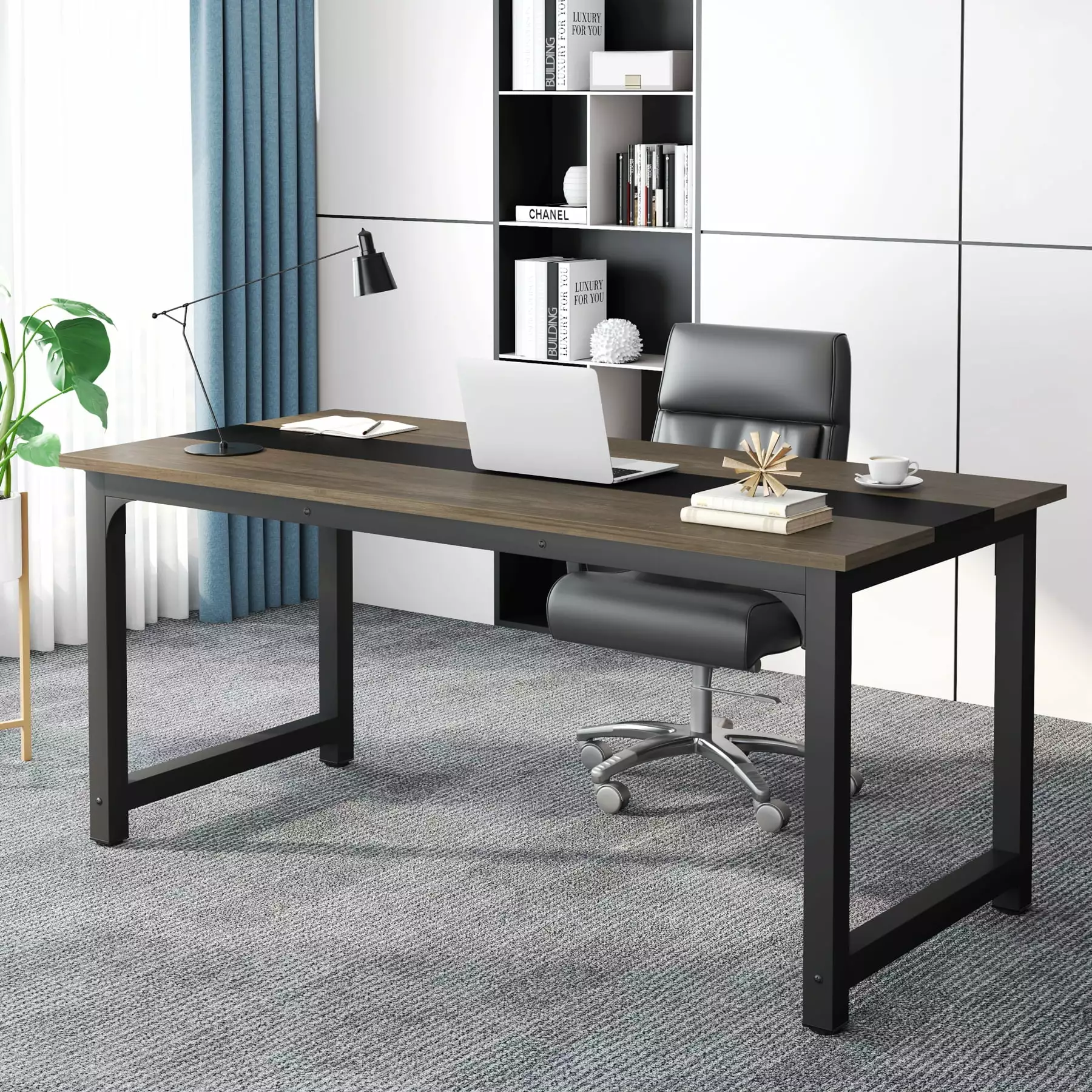 Tribesigns 70.8 Executive Desk Large Office Computer Desk Thicken Frame Vintage Grey/Black