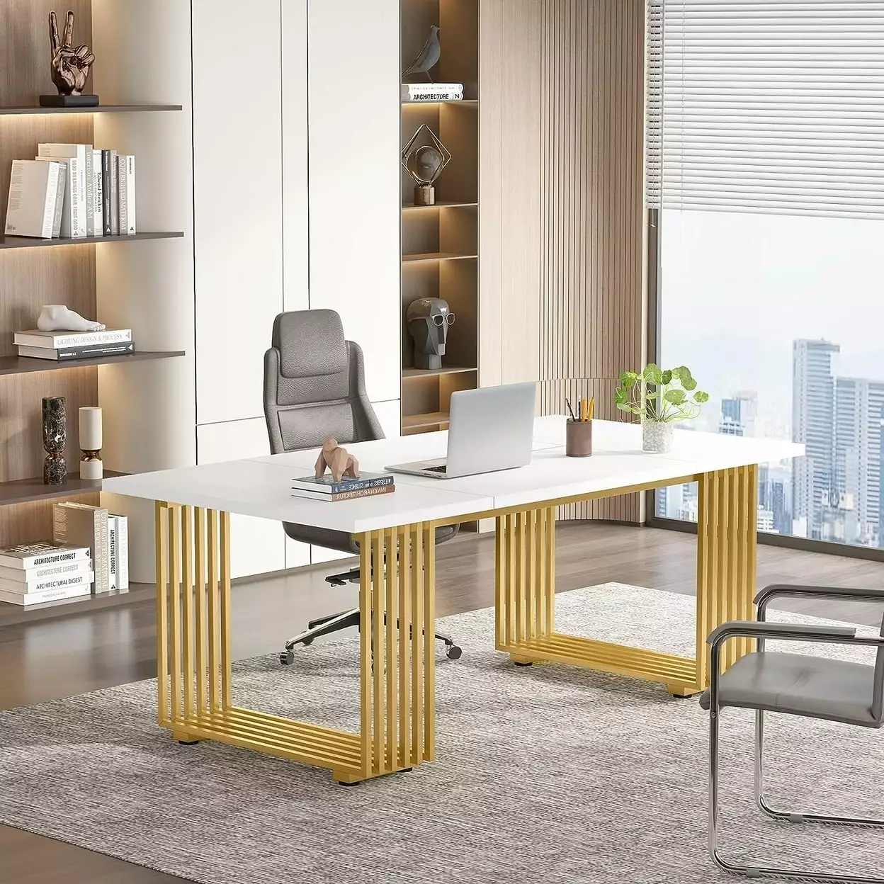 Tribesigns 70.86 Modern Office Desk Gold Metal Legs White Executive Desk