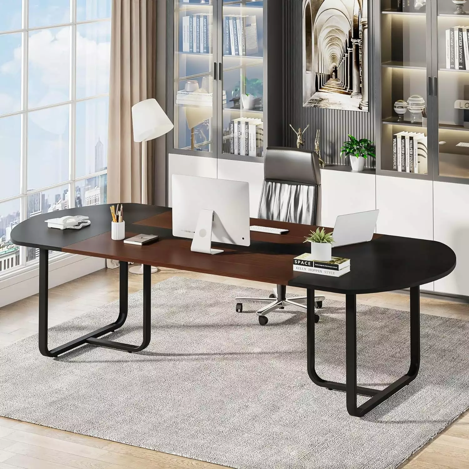 Tribesigns 70.86 Modern Oval Executive Computer Desk Large Double Workstation Walnut and Black