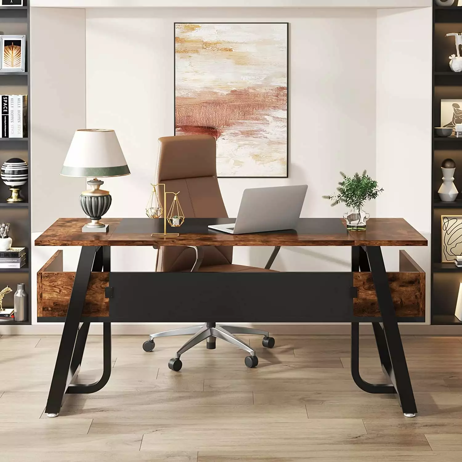 Tribesigns 63 Inch Large Executive Office Desk Storage Shelf Modern Simple Workstation Rustic Brown Black
