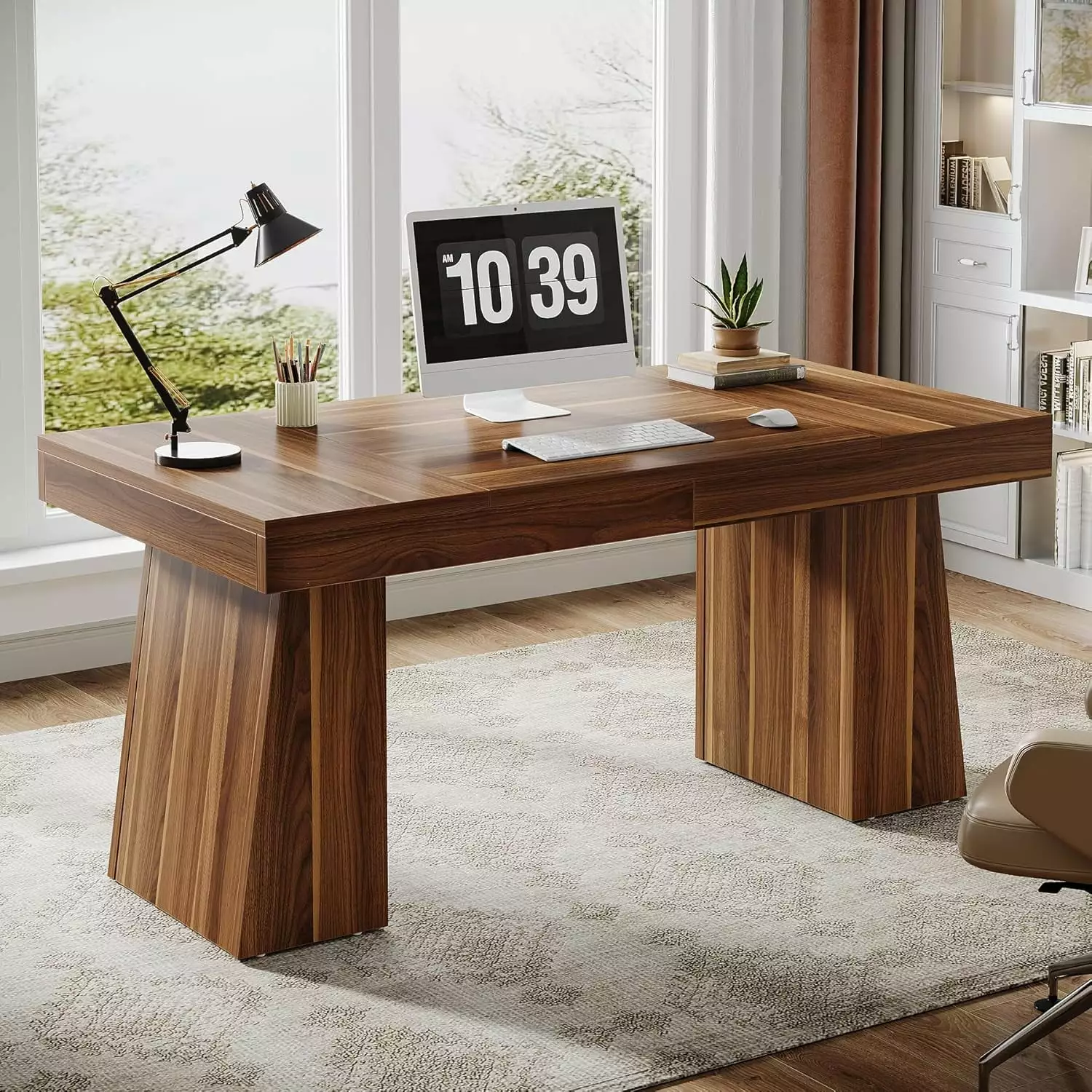 Tribesigns 55 Inches Executive Desk Mid-Century Modern Home Office Desk Double Trapezoid Base Wood Computer Desk