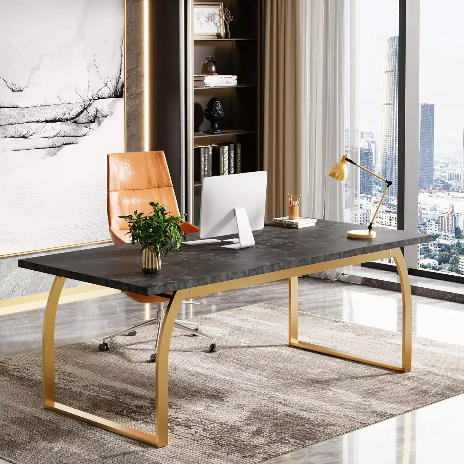 Tribesigns Modern 70 Inch Black Gold Executive Desk Faux Marble Surface