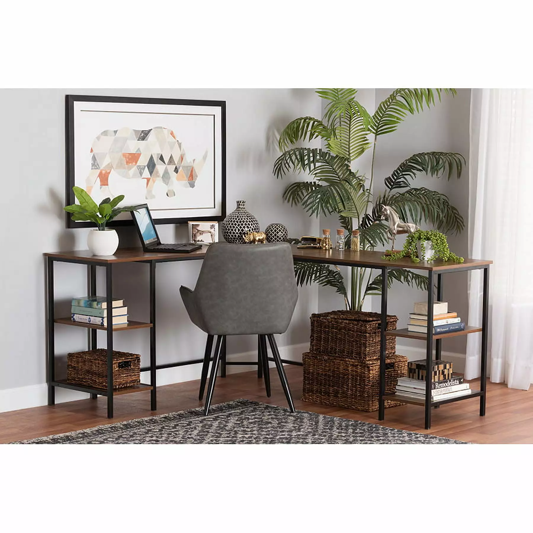Baxton Studio Lydia Modern Walnut Brown Wood and Black Metal L-Shaped Corner Desk Shelves Wholesale Interiors