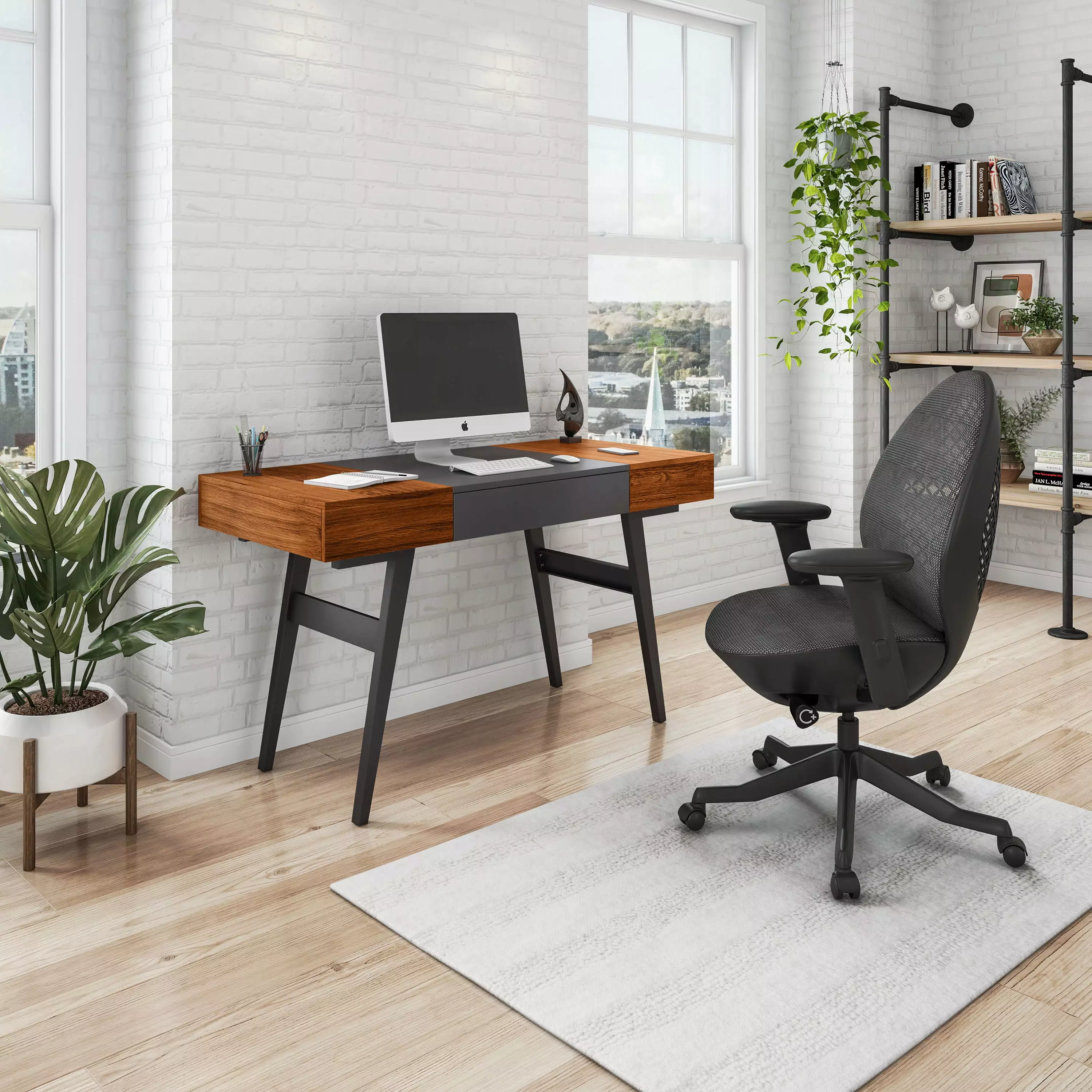 Techni Mobili Mahogany Gray Writing Desk - Expandable Dual Sides Pull Out Drawer