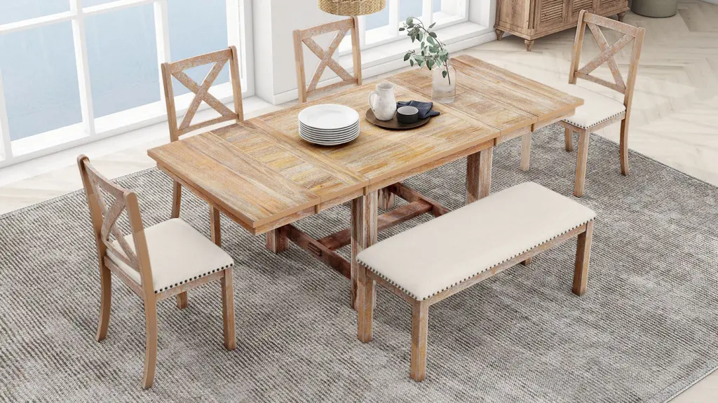Farmhouse 82 Inch 6 Piece Extendable Dining Table Footrest And 4 Upholstered Chairs topmax