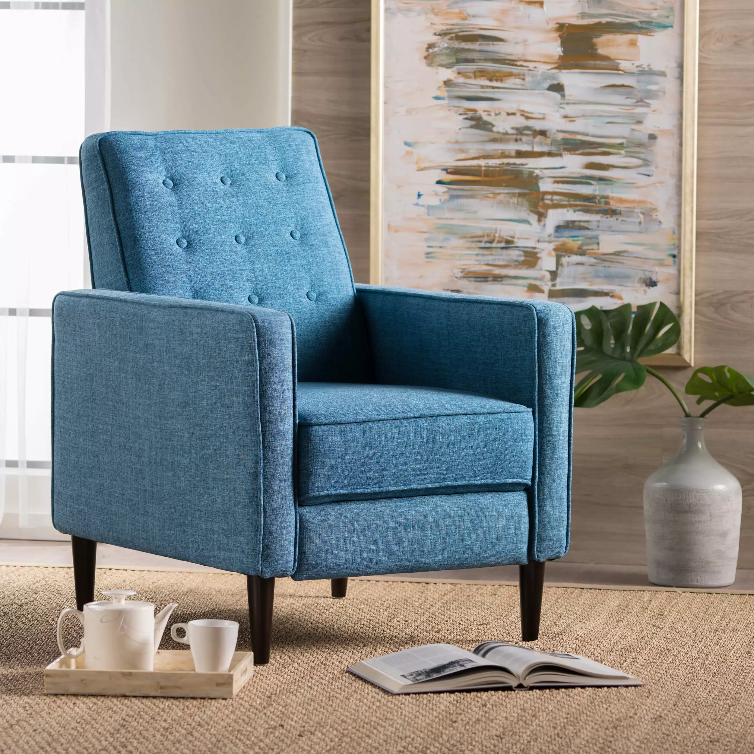 Noble House Caden Standard Button Tufted Fabric Recliner Muted Blue