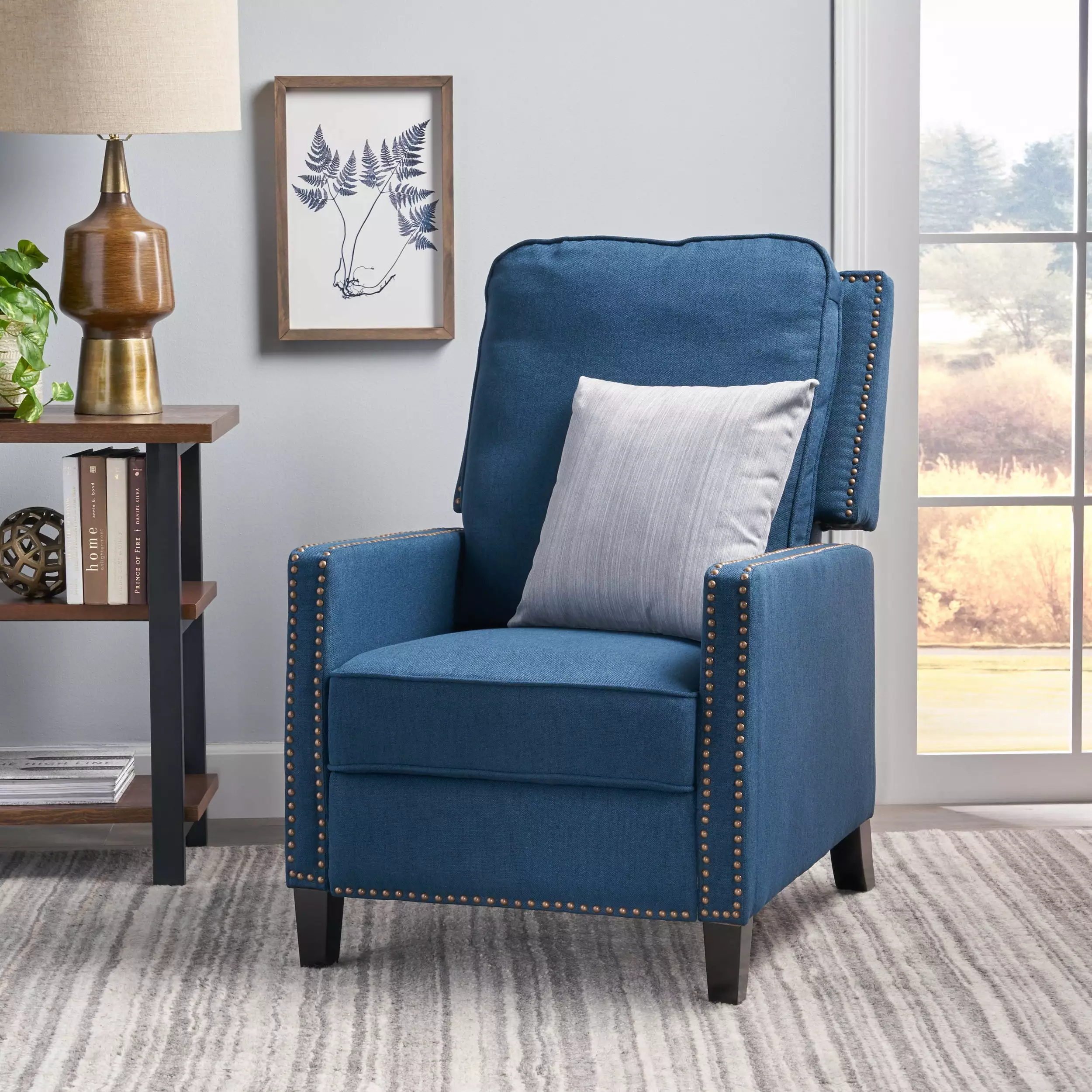 Noble House Celia Traditional Fabric Recliner Navy Blue