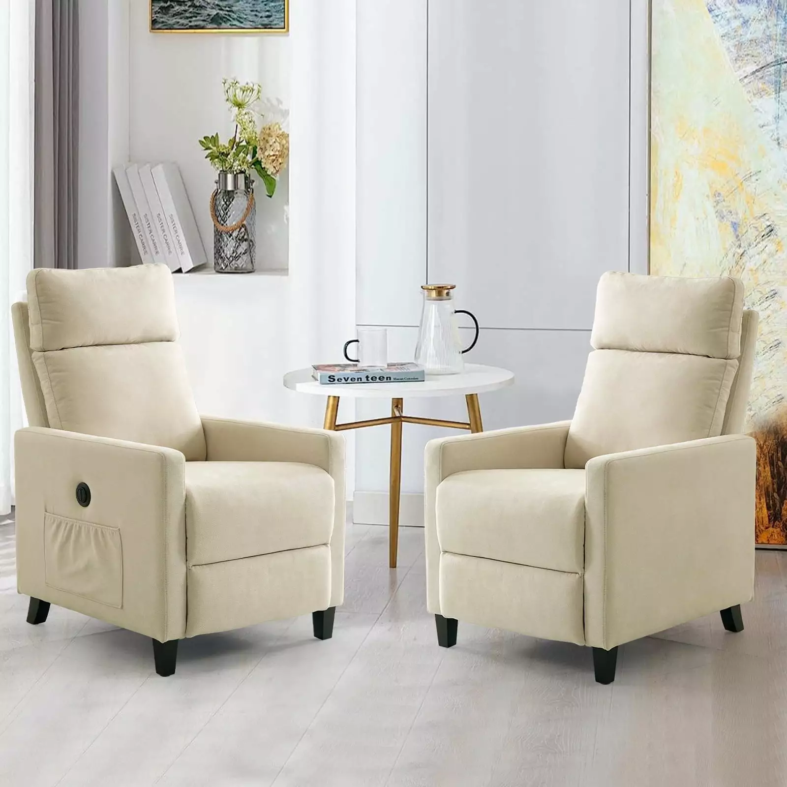 THLAND Power Recliner High Resilience Foam Cushion Hemp-like Fabric Comfortable Breathable Beige 2pcs