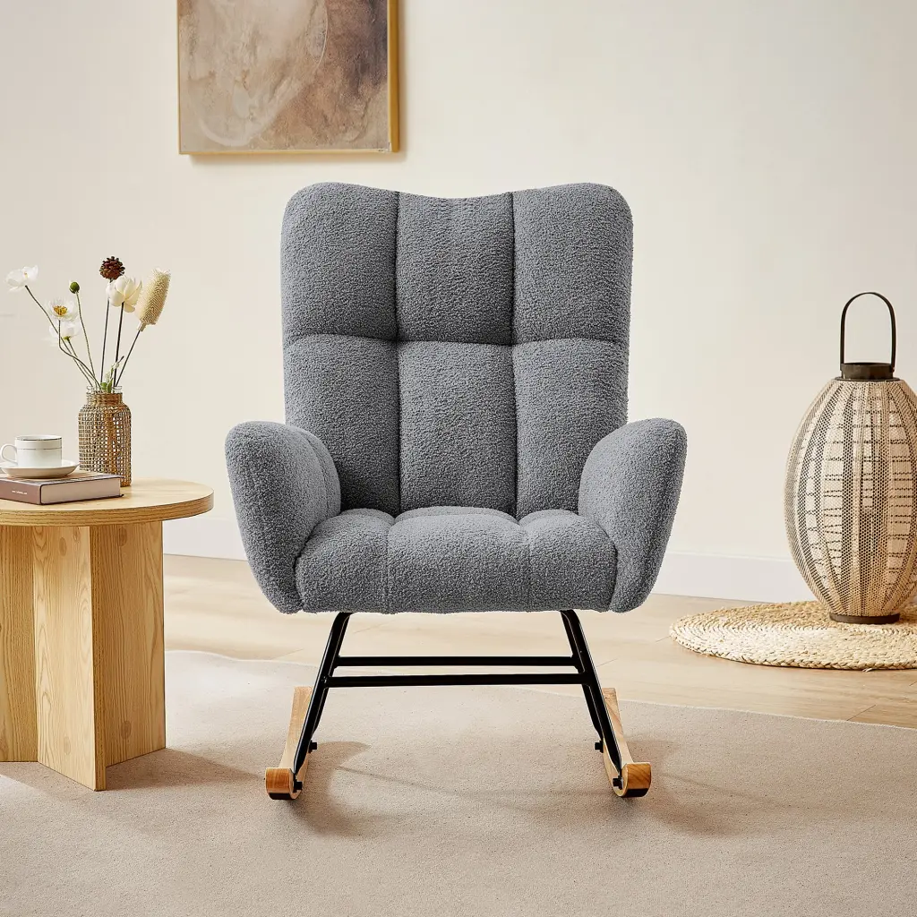 Grey Teddy Fabric Rocking Chair Metal Frame Comfortable Living Room Chair cy furniture