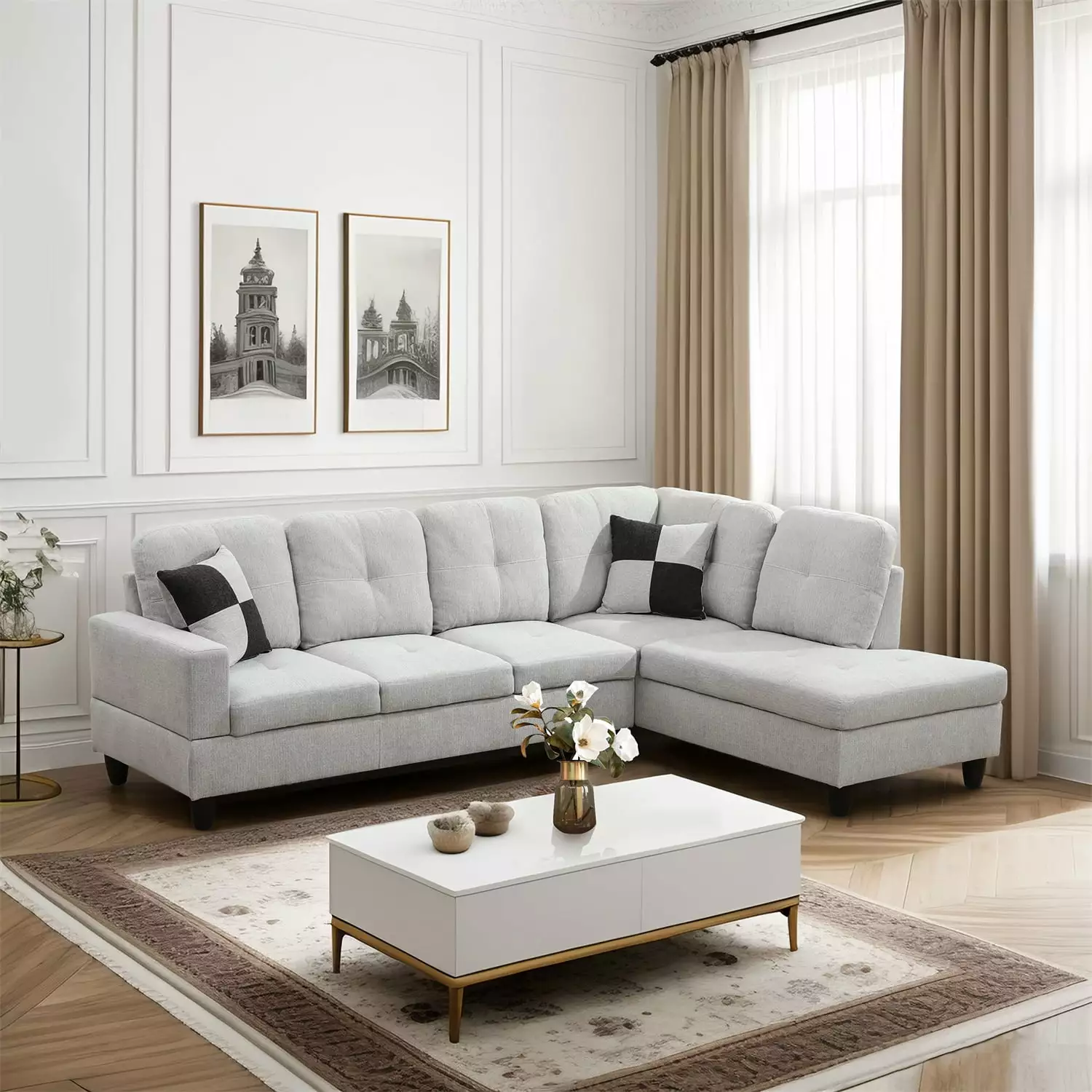 Hommoo Flannel Living Room Sectional Sofa Set Off-White - Modern Couches