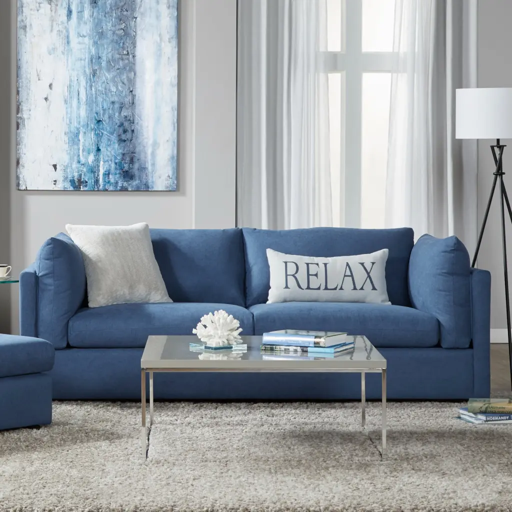 Enda Pillow Back Fabric Sofa Navy Blue Espresso Wood Primary Living Space Comfortable Couch hz