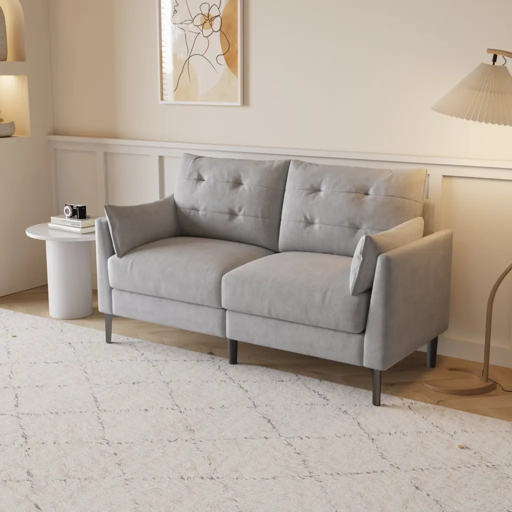 57.5 Inch Cotton Linen Light Grey Double Sofa Metal Feet ylf fff