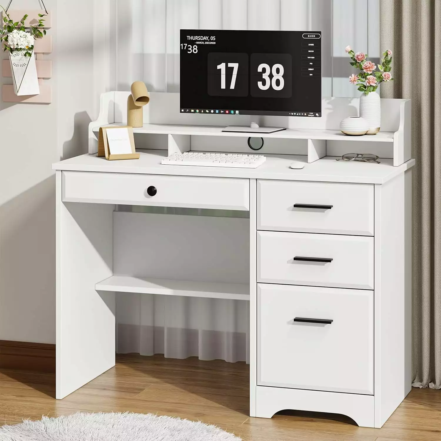 White Farmhouse Desk Drawers and Hutch Home Office and Bedroom B&B Charcoal