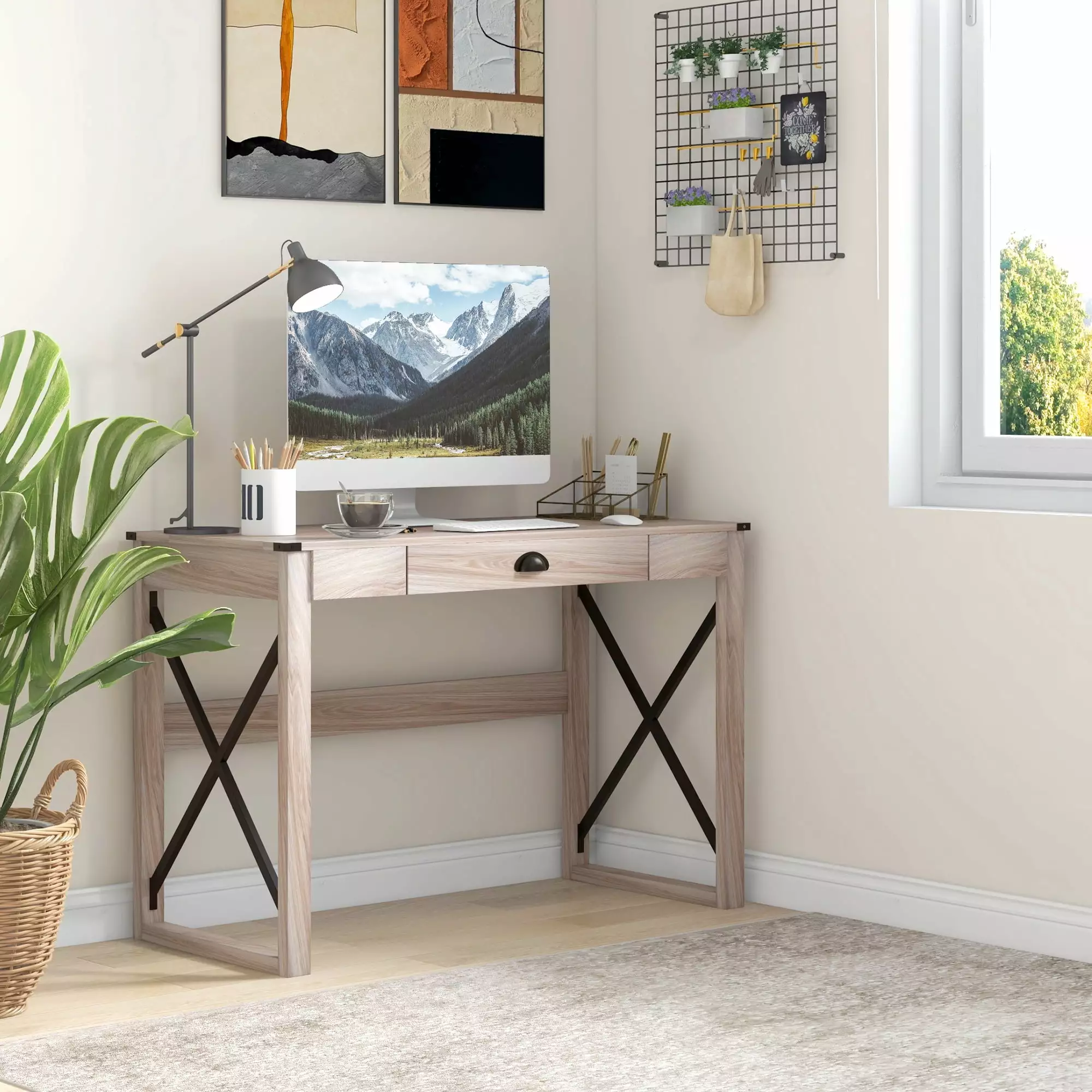 HOMCOM 44 Inch Rustic Farmhouse Computer Desk Storage Drawer and X-Frame