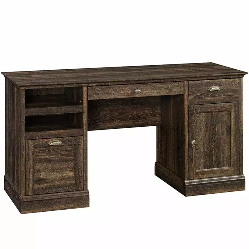 Pemberly Row Farmhouse Engineered Wood Executive Desk Iron Oak - Rustic Home Office Desk