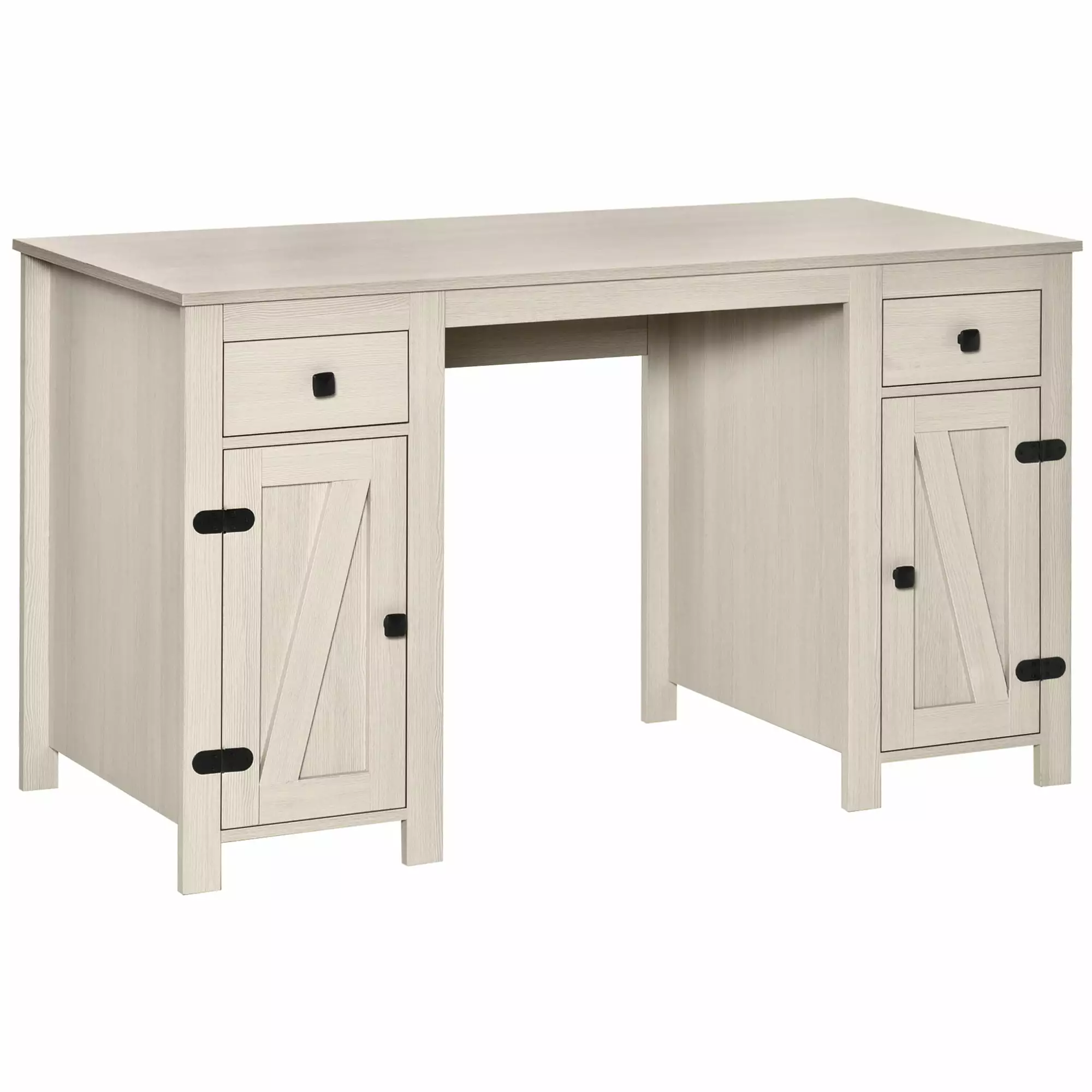 Farmhouse Computer Desk Storage Office Desk 2 Drawers and 2 Cabinets Cream White SMHZ