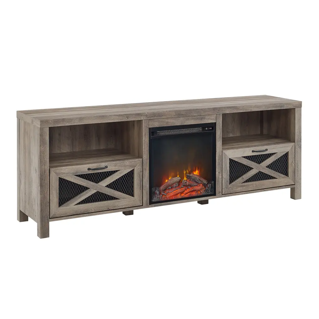 Industrial Farmhouse Metal Mesh Drop Down X Door 70 Inch Fireplace TV Stand walker edison