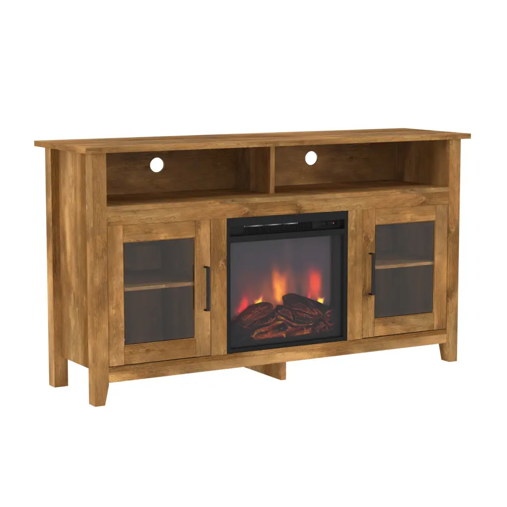 Timeless Glass Door Fireplace Tall TV Stand TVs Up to 65 Inches Barnwood Finish walker edison